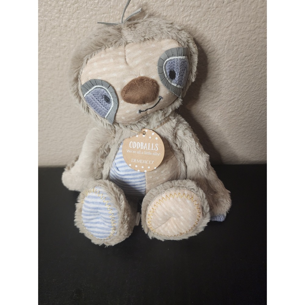 DEMDACO Oddball Plush Sloth Grey Blue Striped Mixed Media Stuffed Animal Toy